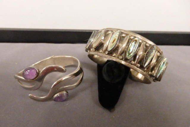 Lot of 2 Sterling Bracelets: Mexico 925 leverback with 2 polished lavendar stones. 2) abalone shell sterling 925