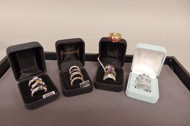 Costume Jewelry Lot: 15 Sterling rings and marcasite bands and color stones