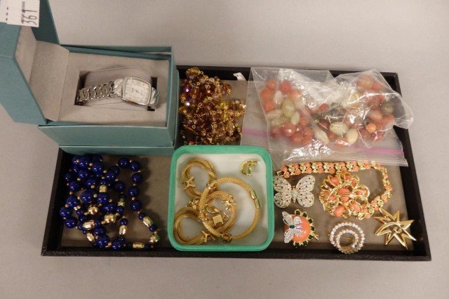 Costume Jewelry Lot: Ecclissi watch, Joan Rivers figural pins, bracelets, beaded necklaces