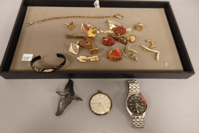 Vintage Jewelry lot: Includes cuff links- Gruen open face pocket watch, pair of Air Force fly pin, Accutron wristwatch-Deep Sea 666 feet, with date, plus.