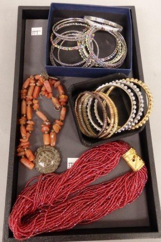 Costume Jewelry Lot: Bracelets, bangles, beaded necklace, stone necklace with pendant