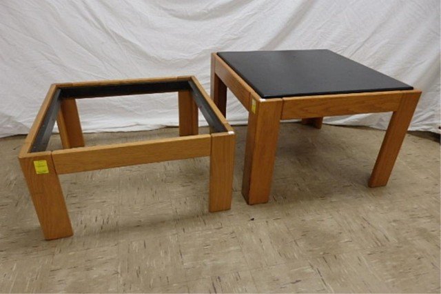 Two Side Tables - Eldon: 30" x 30" x 20" Eldon side table with black leather insert (some blemishes to the leather), 30" x 30" x 15" Eldon side table - wood frame only, Jim Eldon, 1971.