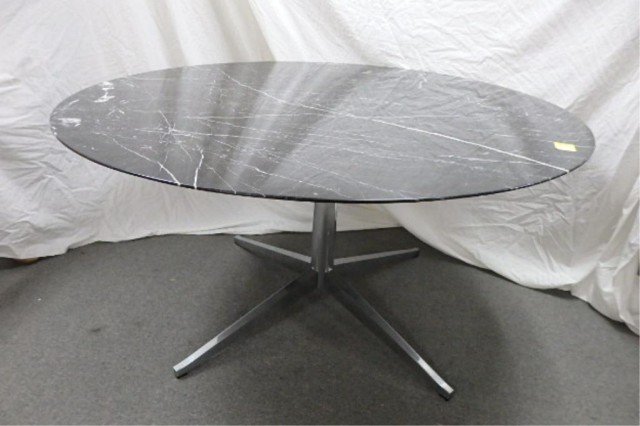 Florence Knoll Table: #2482, 54" D, Nero Marquina, black with white vein marble top table on chrome base. Top repaired in multiple places
