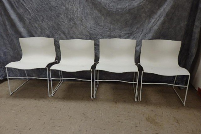 4 Knoll White Armless Chairs: 4 White Bignelli Handkerchief Chairs armless and stacking. Rubber pads on legs dry rotted