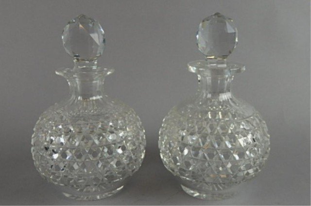 Cut Glass Perfume Bottles Grouping: 2 pairs 1 set daisy and buttons 6.5"T damage to base of one bottle. 2) 5.75 3 sided bottle and stoppers.