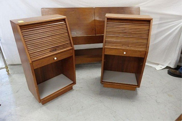 Mid-Century Danish Style Three Piece Bedroom Set: Mid-century Danish style three piece bedroom set which includes walnut book case headboard and two night stands with retractable slatted roll top doors, original white porcelain knobs.