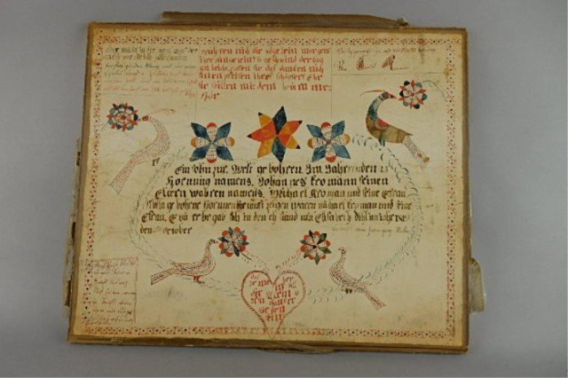Early Fraktur: Johannes Fromann b. 1795. Early Fraktur measures 14" x 16.5" - 1795, 1819 and 1822 references and entries. Has hearts, birds and geometric designs. Mounted on board but colors are deep and rich especi