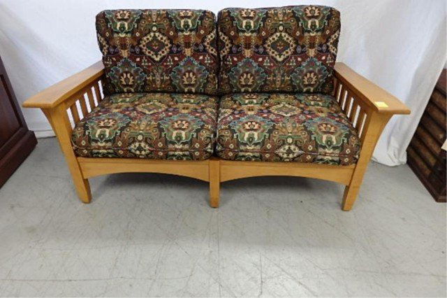 Ethan Allen Mission style sette: 32" T X 61" W X 31"D, slated arms, upholstered seats and backs