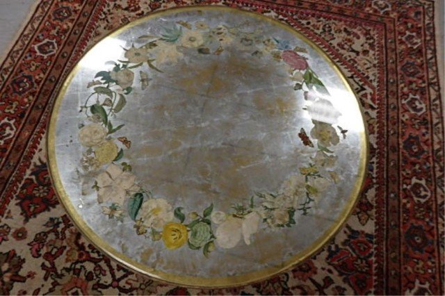 Venetian Style Coffee Table: 17.75" T x 36" D Venetian style coffee table, mirrored top with flowers and butterflies on a carved wood pedestal base.