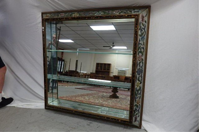 Venetian Style Oversized Mirror: 56" x 56" shadow box style mirror, with mirrored back and glass shelves, Venetian floral frame.
