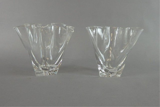 Pair Steuben Vase: (2)5.25 inch handkerchief 3 sided clear crystal vases