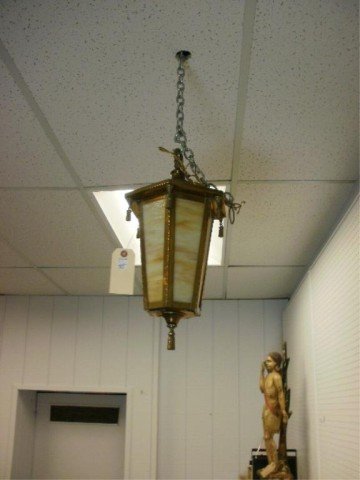 Slag glass foyer light: Brass framed 6 sided slag glass foyer light