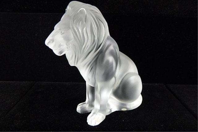 Lalique Figure: 8" x 7" seated frosted glass lion, original paper label on base and hind of lion, number 11656.