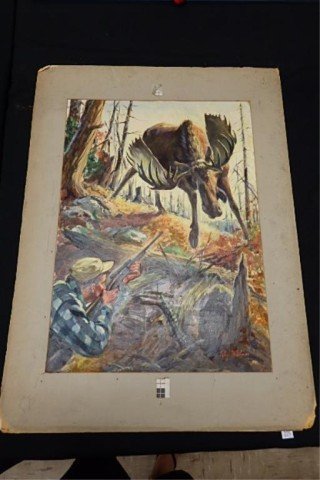 Illustrator Art Acrylic on Board: Image is 22.5" x 16.25," overall size including mat is 30" x 22," titled "Bull Bent for Murder," signed lower right Ray S. Pease, also signed on reverse, Illustrator Art.