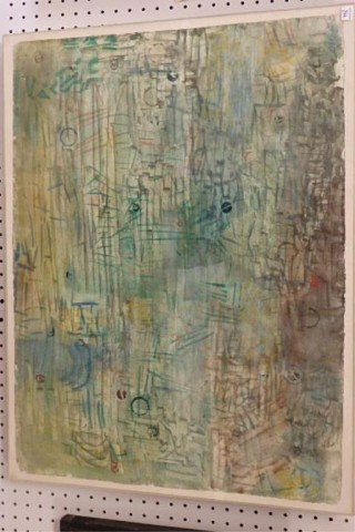 Watercolor: 24" x 32" watercolor, abstract image, signed lower right, Morris Shulman with a Morris Shulman label on back, encased in plastic frame.