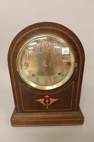 Mahogany Bee Hive Clock: 14" x 10" inlaid mahogany bee hive clock, Seth Thomas, white metal and brass face, keywind.