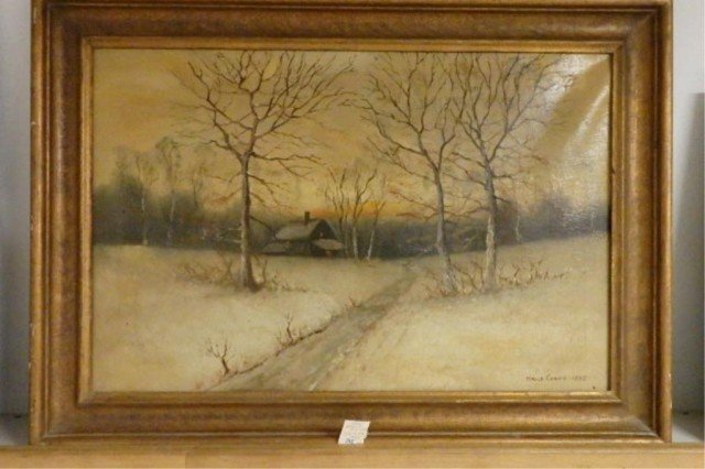 Oil on Canvas: 20" x 30" oil on canvas, with frame 26" x 36" depicting a snow scene cabin on country lane, bearing signature lower right, Bruce Crane, 1885. (Attributed to)