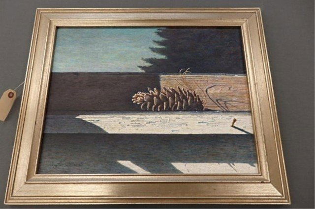 Oil on Board: 13.5" x 17.5", with frame, 18" x 22" oil on board, pine cone on fence, signed Douglas Wiltraut, lower left.