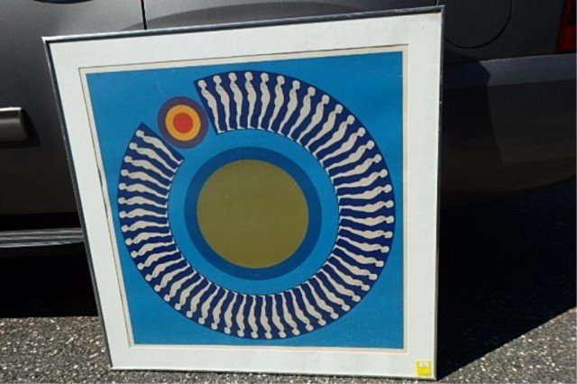 Silkscreen - Ernest Trova: Image is 36" x 36" with frame 39.5" x 39.5" limited edition silkscreen, 50/200, from the Falling Man series, pencil signed in margin ,Trova, 1970, some foxing on outer rim of matting.