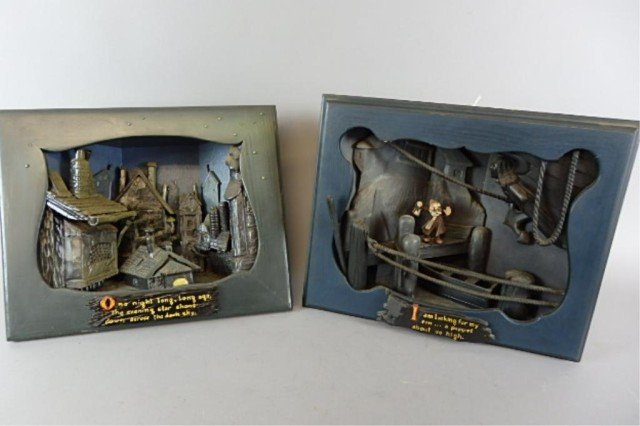Two Wood Carved Shadow Boxes: 11.25" x 14" x 4" intricately hand carved and painted shadow boxes, Pinocchio No.2, 1985 and Pinocchio 1988, both signed by artist Ponstingl. (Lehigh Valley Artist)