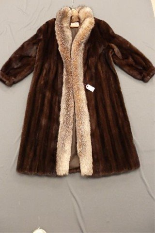 Full Length Ladies Mink Coat: Full length ladies mink coat with fox fur trim, Furs by Guarino label, very large size.