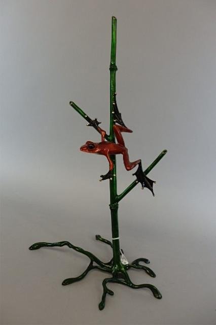 Bronze Frog Sculpture: 20" tall x 13" long bronze sculpture created British artist by artist Tim Cotterill (Frogman) Bamboo, 203/750, c 2006