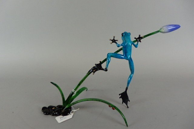 Bronze Frog Sculpture: 8.5" x 15" bronze sculpture created by British master artist, Tim Cotterill, blue frog on single flower stem, "Tulip", limited edition 300/500, bronze shows where the feet meet the surface., c 2006