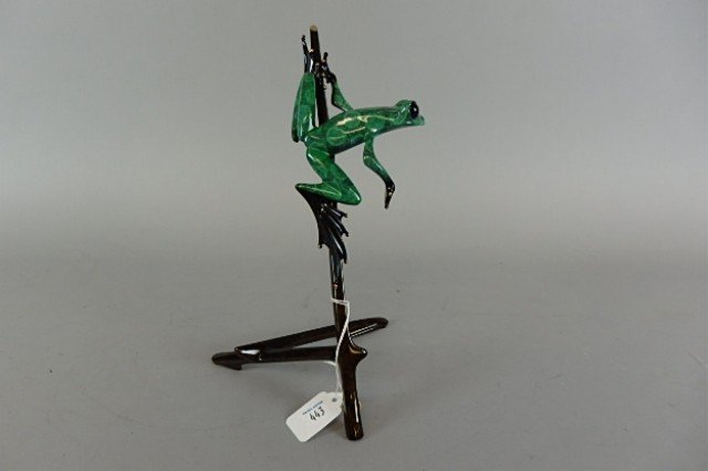 Bronze Frog Sculpture: 12" x 6" bronze frog sculpture created by Brisith master artist, Tim Cotterill, green spotted frog on bamboo, " I Spy", artist proof, 8/100., c 2011