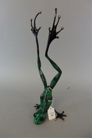 Bronze Frog Sculpture: 14" x 6" bronze frog sculpture created by British master artist, Tim Cotterill, "Topsy Turvy?" green frog, limited edition, 2249/2500., circa 1992, 8/16" emamel loss visible on left foot and 3/16" ena