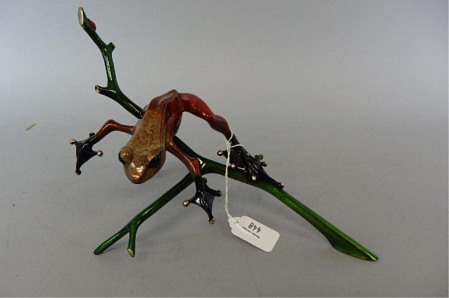 Bronze Frog Sculpture: 7" x 10.5" bronze frog sculpture created by British master artist Tim Cotterill, titled "Out on a Limb," artist proof, 10/2000., c 2008