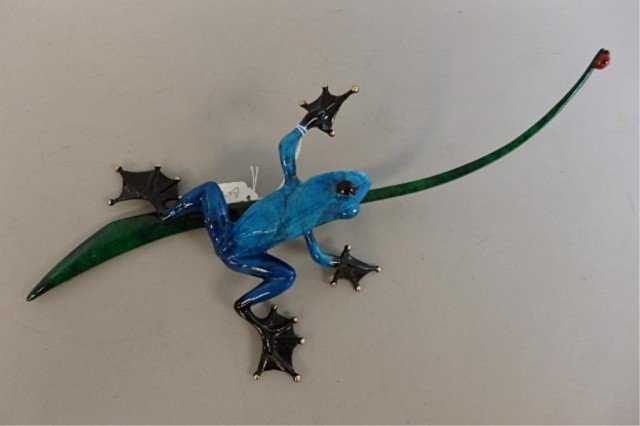 Bronze Frog Sculpture: 4" x 17" bronze frog sculpture created by British master artist, Tim Cotterill, titled "Blue Bayou," artist proof, 50/100, circa 2007, 2/16" minor wear at base where it rests on surface