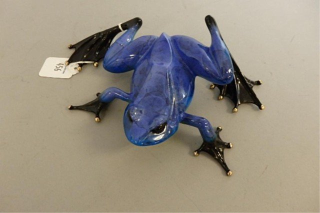 Bronze Frog Sculpture: 2.5" x 8" bronze frog sculpture created by British master artist Tim Cotterill, titled "Peek-A-Boo," blue frog with black feet, limited edition 752/5000, 2003, marked Aloha