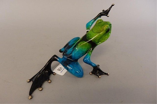 Bronze Frog Sculpture: 5" x 10" bronze frog sculpture created by British master artist Tim Cotterill, titled "Surfs Up" 823/2000, EV 23/100, circa 2007