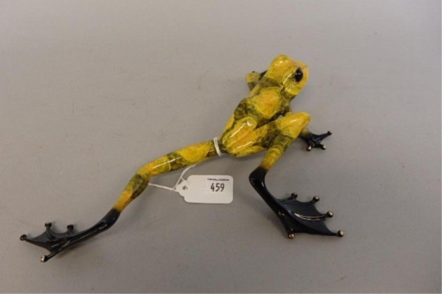 Bronze Frog Sculpture: 2" x 11" bronze frog sculpture created by British master artist Tim Cotterill, titled "Hopscotch," 848/1000, 2005