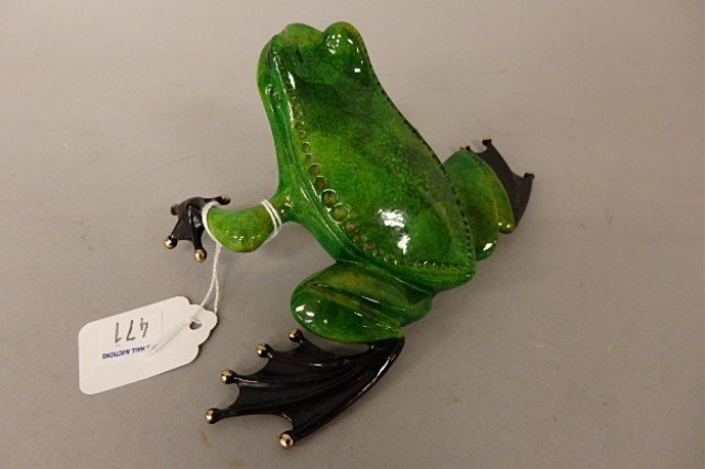 Bronze Frog Sculpture: 3" x 7" bronze green frog sculpture created by British master artist, Tim Cotterill, "Poloka", 2004, 79/125, tiny bruise at foot