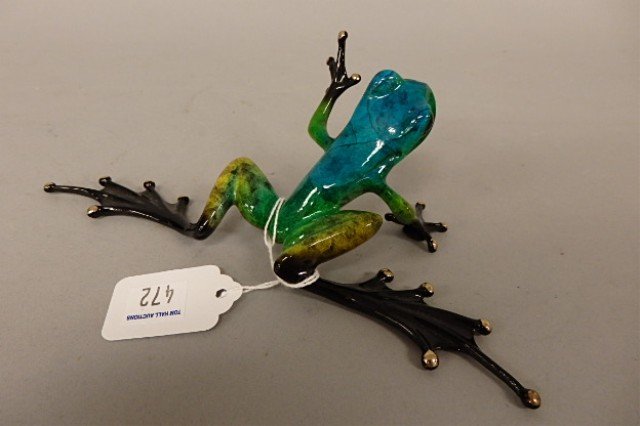 Bronze Frog Sculpture: 2.25" x 8" bronze frog sculpture created by British master artist, Tim Cotterill, "Splish Splash" 118/500, 2005
