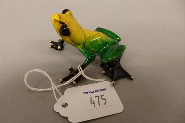 Bronze Frog Sculpture: 2" x 3.5' bronze frog sculpture created by British master artist Tim Cotterill, green and yellow frog, black feet, artist proof, " Ivy", 14/25, circa 2007
