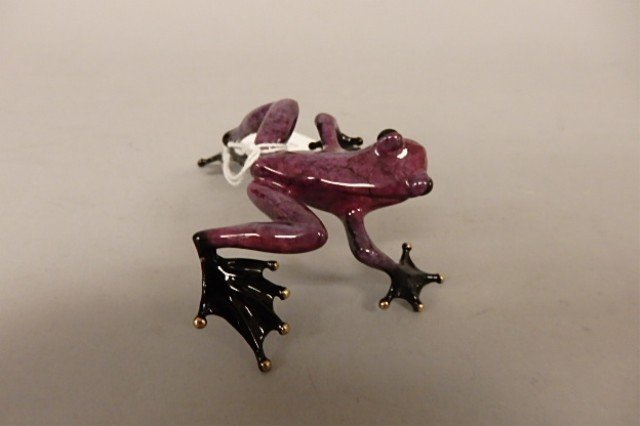 Bronze Frog Sculpture: 2 x 4.5" purple bronze frog sculpture created by British master artist Tim Cotterill, "Courage", 4742/5000, circa 2009