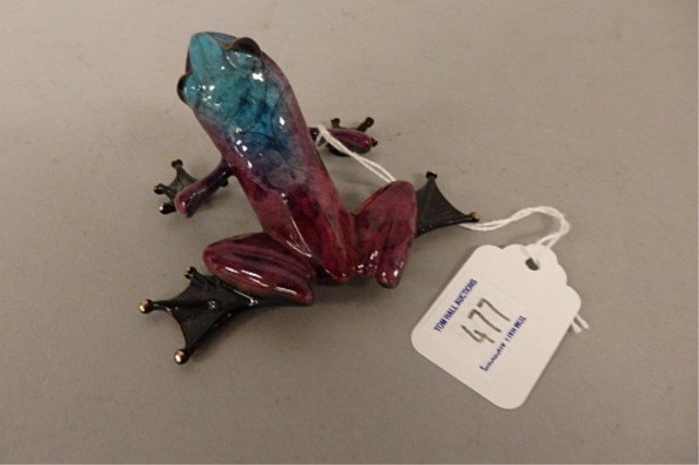 Bronze Frog Sculpture: 2" x 3.5" 'bronze frog sculpture created by British master artist Tim Cotterill, purple and blue frog, black feet, artist proof "Violet", 14/25, circa 2007
