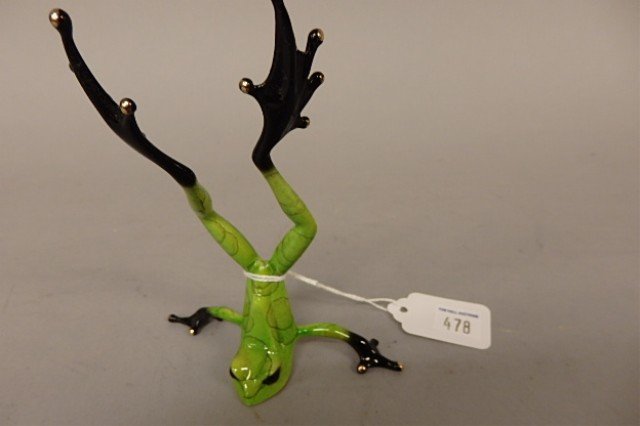 Bronze Frog Sculpture: 5.5" x 4" lime green bronze frog sculpture created by British master artist Tim Cotterill, "Harlequin" limited edition 810/2000, EV 10/100, circa 2012