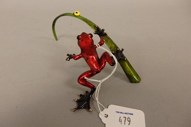 Bronze Frog Sculpture: 2.75'" x 7" red bronze frog sculpture created by British master artist Tim Cotterill, "Ali'i Nalu", limited edition 1038/5000, circa 2010