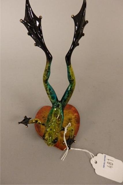 Bronze Frog Sculpture: 7" x 4" bronze frog sculpture created by British master artist Tim Cotterill, "Flair Whimsy," muddled green blue on orange lily pad, 814/1000, EV 14/100, circa 2009