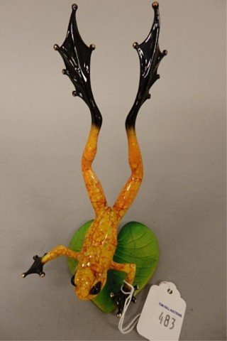 Bronze Frog Sculpture: 2.5" x 7" bronze frog sculpture created by British master artist Tim Cotterill, "Zest," orange and yellow frog on green lily pad, artist proof 9/100, circa 2009