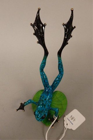 Bronze Frog Sculpture: 2.5" x 7" bronze frog sculpture created by British master artist Tim Cotterill, "Flair", turquoise blue frog on green lily pad, artist proof 9/100, circa 2009