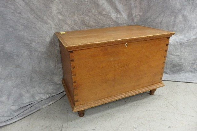 Pine Blanket Chest: 22" tall x 32" wide x 18" deep dovetailed pine blanket chest, one board top, glove box, with lock in place.
