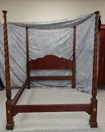 Modern Mahogany Poster Bed: 82" tall carved quality modern mahogany queen size poster bed with carved column and vine design, we have both side rails however there is no canopy.