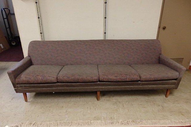 Dux Sofa: 30" tall x 95" long x 34" deep Dux sofa, #5483, four seat, teak legs, circa 1966, re-upholsterd ten years ago.