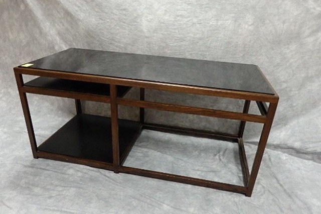 Dunbar End Table: 24" high x 53.5" long x 23" deep Dunbar end table, #5403, Edward Wormley, circa 1966, ash frame, original black formica top and shelf, shows typical wear with age.