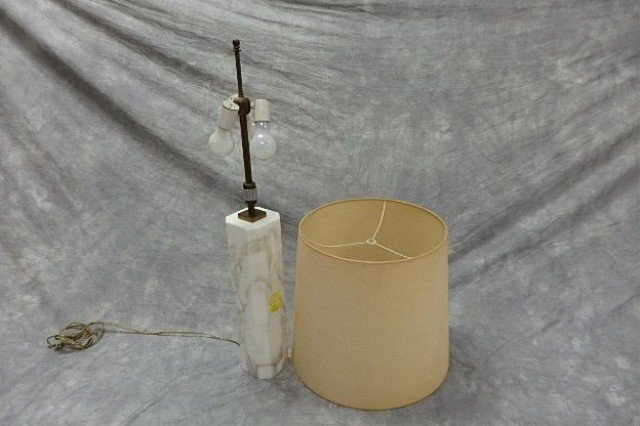 Hansen Marble Table Lamp: 18" tall Hansen marble table lamp, #184, on 4.5" square base, 35" tall including shade, three-bulb.