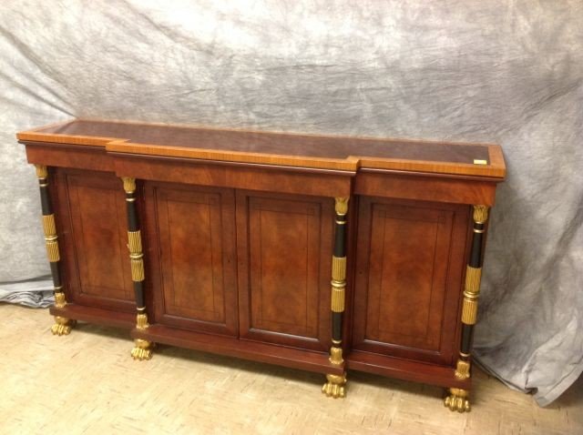 Council Craftsman Empire Style Sideboard: 36" high x 17.5" deep x 72" wide Council Craftsman Empire style sideboard, mahogany top with light mahogany border, two center doors and singler outer door, four columns decorated with ebony and gold,